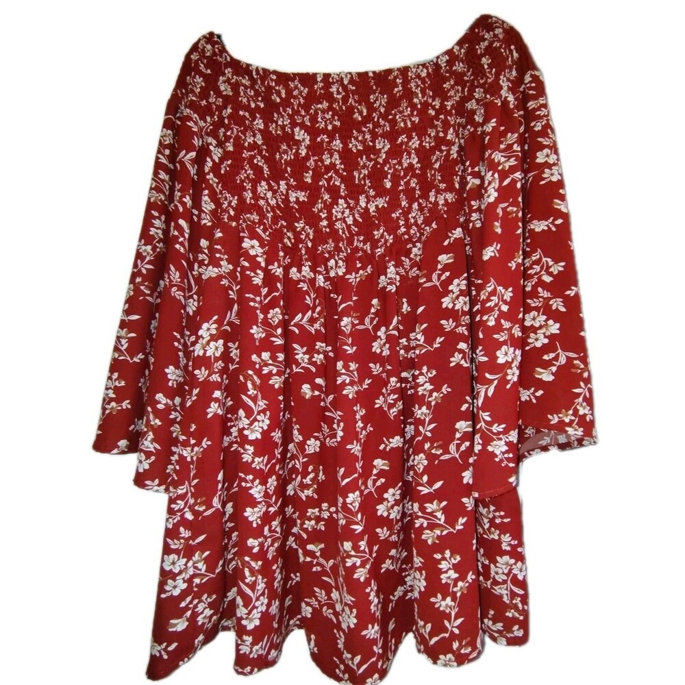 Floral Smocked Off-The-Shoulder Mini Dress Rust Red Boho Bell Sleeve Tunic -... - Picture 2 of 10